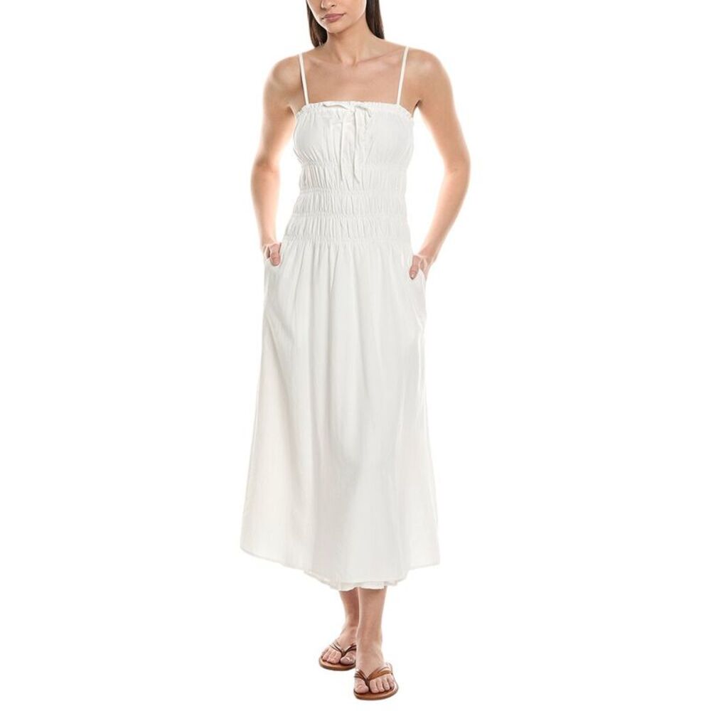 Onia Womens Smocked Linen-Blend Midi Dress, White